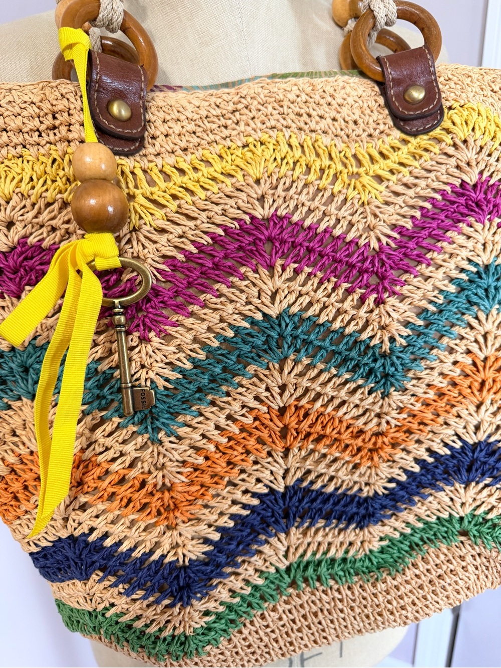 Fossil Multicolor Chevron Straw Tote with Brown Leather Handles - Picture 3 of 8